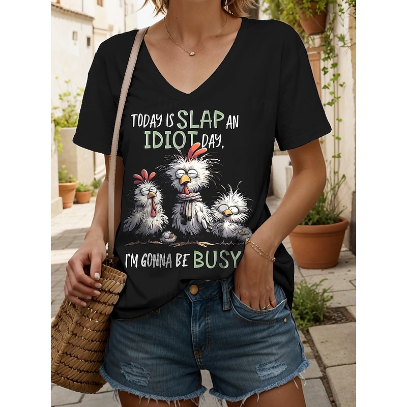 Women's Blouse Graphic Rooster Letter Casual Short Sleeve V Neck Regular Tops Daily Going out Beach Wear Print Black White Summer Spring - Main Image
