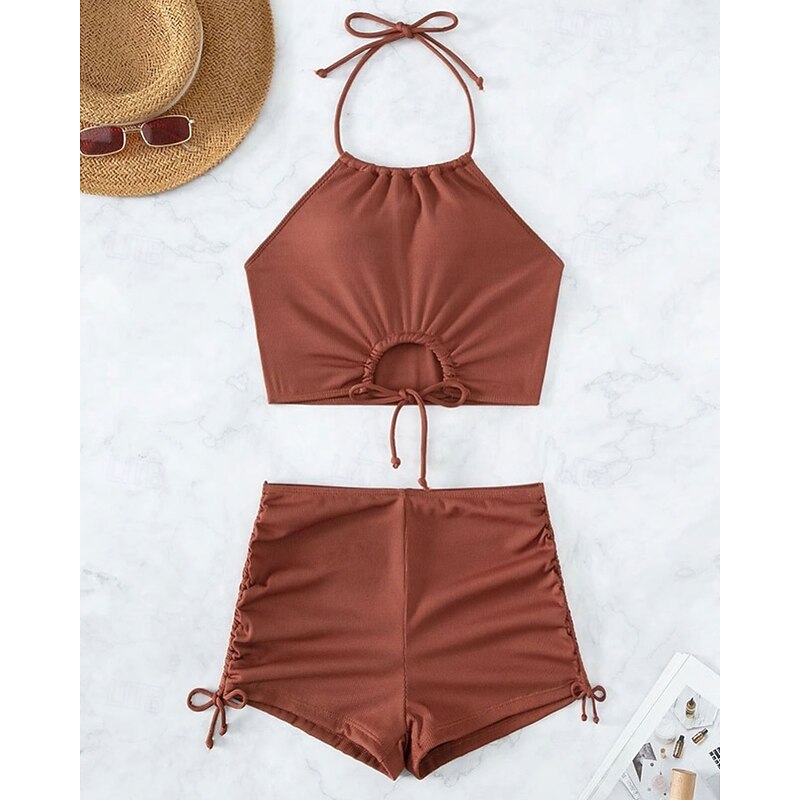 Women's Swimwear Bikini 2 Piece Swimsuit Backless Beach Wear Summer Solid Color Halter Neck Sleeveless Bathing Suits2
