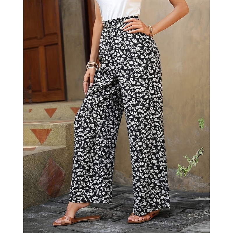 Women's Wide Leg Pants Trousers Vacation Fashion Full Length Mid Waist Flower / Floral Elastic Waist Comfortable Breathable Micro-elastic Street Daily Wear Going out White Yellow Green Summer Regular4