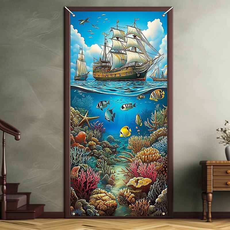 Sea Boat Fishes Door Decorations Door Covers Door Tapestry Door Curtain Decoration Backdrop Indoor/Outdoor Door Banner for Front Door Farmhouse3