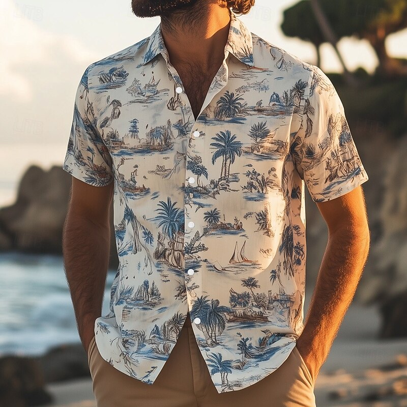 Men's Toile de Jouy Flowers Shirt Summer Hawaiian Shirt Button Up Shirt Short Sleeve Hawaiian Resort Vacation Holiday Beach Wear Summer Spring Turndown 3D Print Collared Shirts Apricot