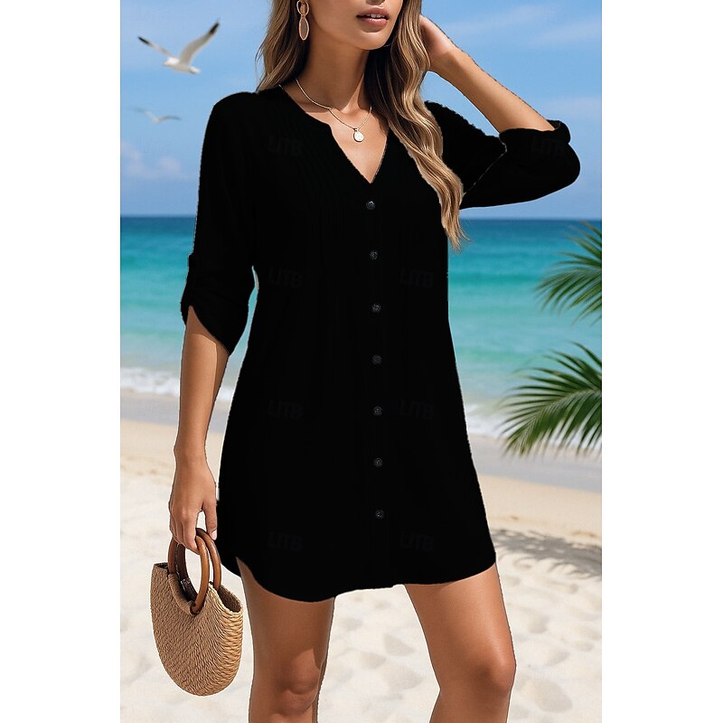 Women's Swimwear Cover Up Swim Dress Swimsuit Buttons Tropical Beach Wear Plain V Wire Long Sleeve Bathing Suits3