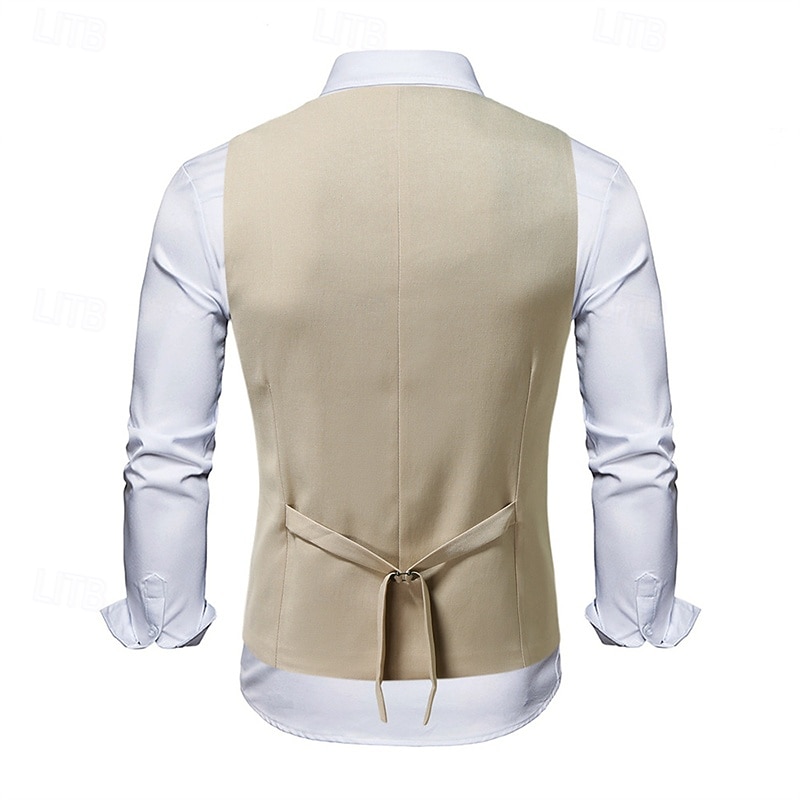 Men's Vest Waistcoat Gilet Vacation Party Business Fashion Casual Summer Spring Buttons Pocket Polyester Comfortable Plain Double Breasted Lapel Regular Fit Black Beige Coffee Vest3