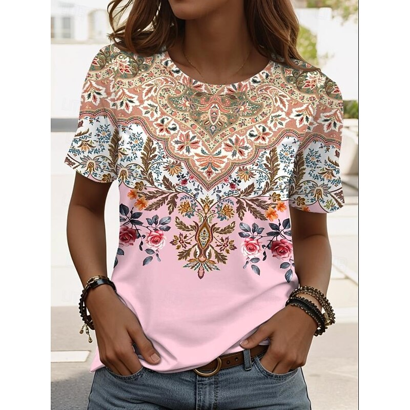 Women's T Shirt Graphic Paisley Vintage Stylish Casual Short Sleeve Crew Neck Regular Tops Daily Weekend Beach Wear Print Black+White+Red Black Pink Dark Green Brown Summer4