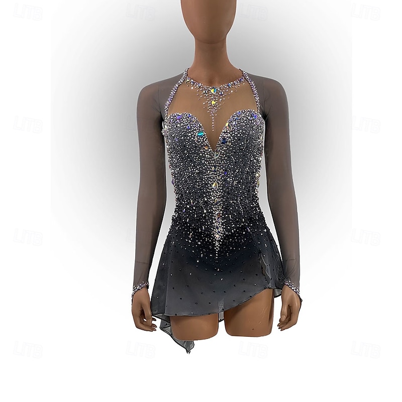 Figure Skating Dress Women's Girls' Ice Skating Dress Black Sliver Thumbhole Open Back Mesh High Elasticity Training Competition Skating Wear Classic Crystal / Rhinestone Long Sleeve Ice Skating
