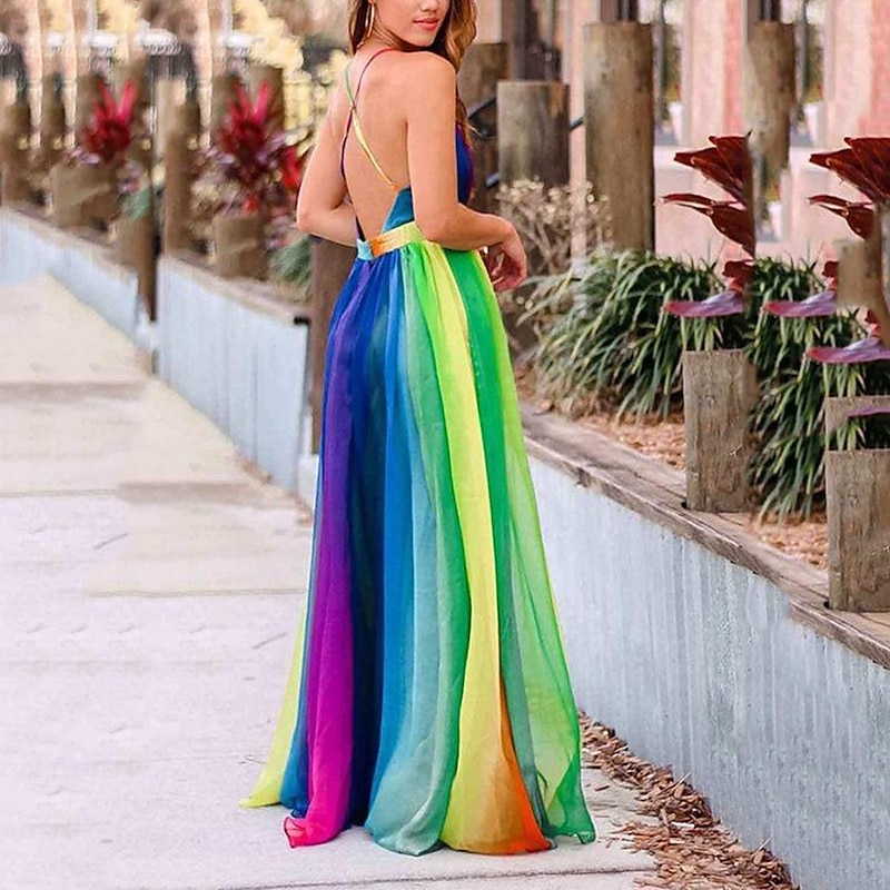 Halloween Dress Rainbow Chiffon Maxi Dress Pride Rainbow Casual Adults' Women's Halloween Carnival Pride Parade Pride Month Easy Halloween Costumes Dress Up4