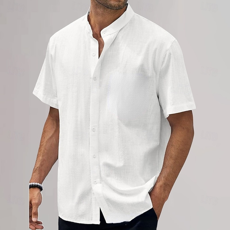 Men's Cotton Linen Shirt Plain Vacation Black White Sky Blue Khaki Short Sleeve Grandad Collar Summer Clothing Apparel