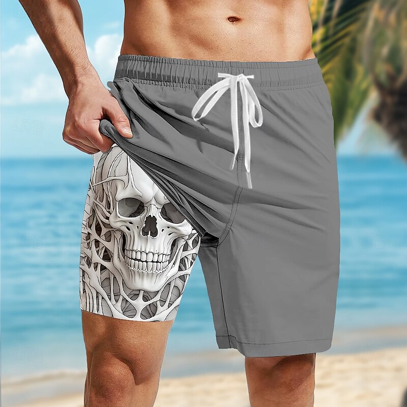 Men's Skull Lined Shorts 2 in 1 Board Shorts Swim Shorts Mid Waist Hawaiian Casual Vacation Holiday Beach Wear Side Pockets Color Block With Compression Liner Designer Clothing Apparel2