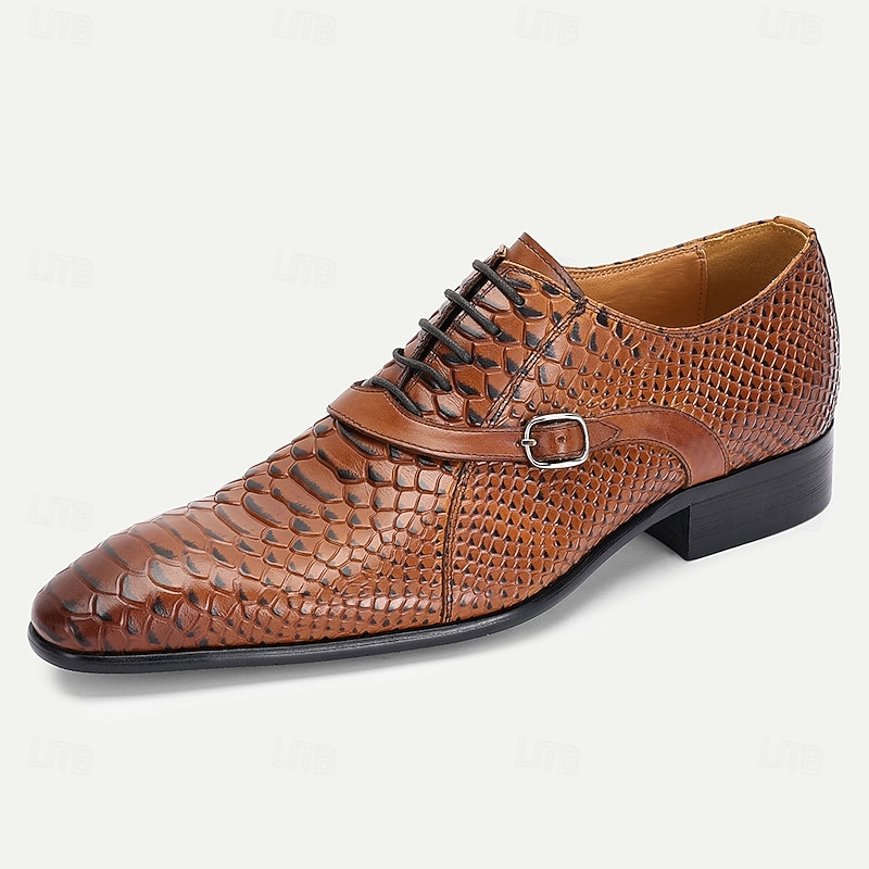 Men's Brown Crocodile Pattern Leather Oxford Shoes – Elegant Prom and Banquet Dress Shoes with Side Buckle2