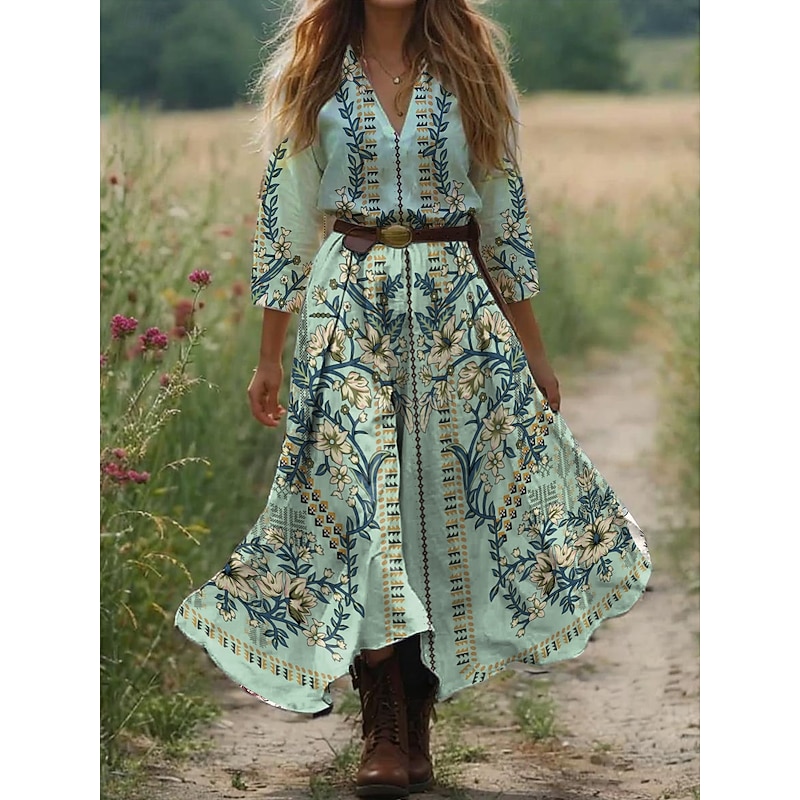 Women's Boho Dress Western Dress Vintage Maxi Dress Sundress Pleated Dress Vacation Casual Boho Going out Beach Standard Fit Graphic Paisley 3/4 Length Sleeve V Neck White Blue Orange Green