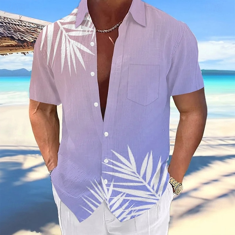 Men's Gradient Color Palm Leaf Tropical Plants Shirt Summer Hawaiian Shirt Button Up Shirt Short Sleeve Hawaiian Vacation Beach Wear Summer Turndown 3D Print Front One Pocket Linen Like Shirt Blue3