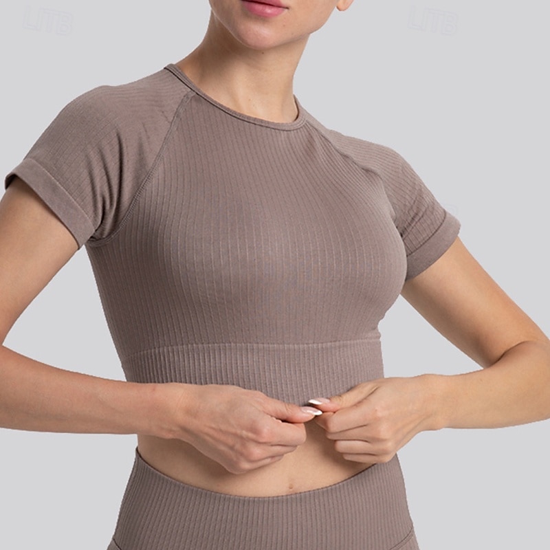 Women's Yoga Top Crew Neck Quick Dry Breathable Cropped Short Sleeve Sports Solid Color Top For Gym Workout Dance Pickleball Activewear4