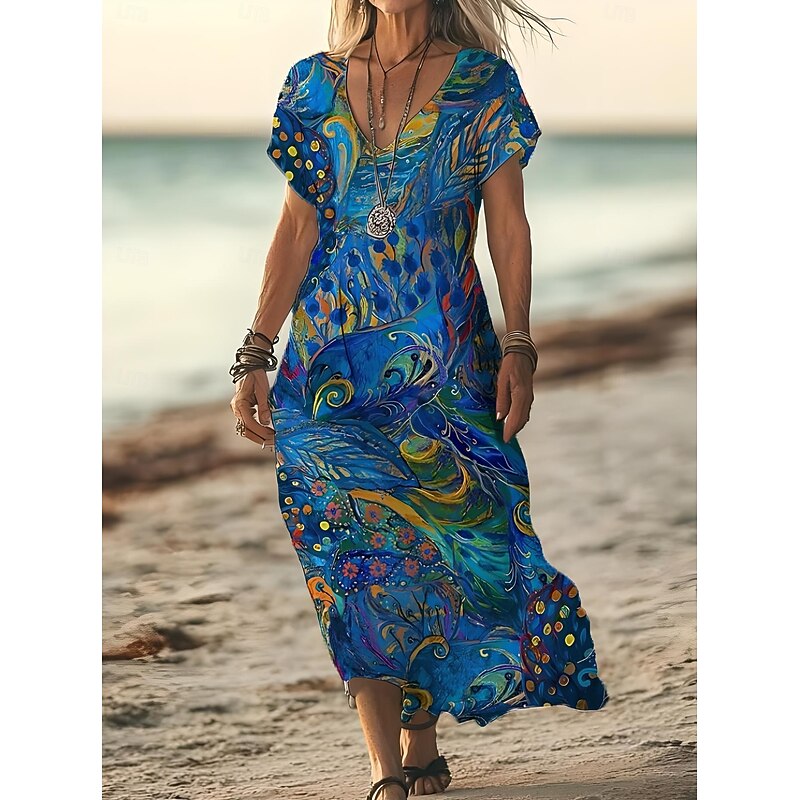 Women's Midi Dress Sundress A Line Dress Vacation Casual Boho Going out Beach Standard Fit Floral Graphic Short Sleeve V Neck Sky Blue Dark Blue Peacock Blue Summer Spring3