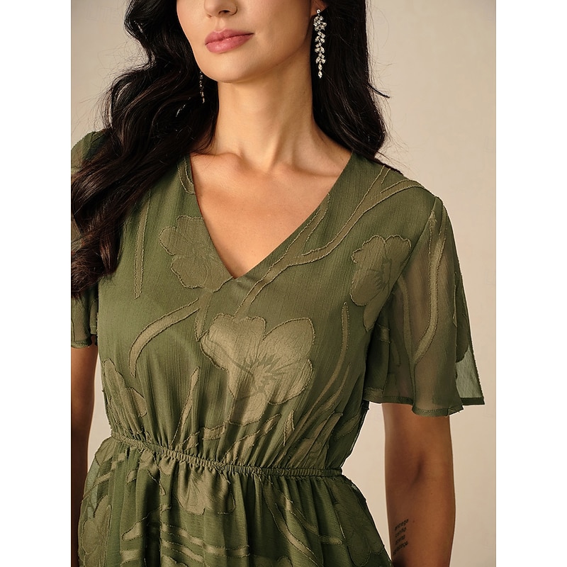 Women's Maxi Dress A Line Dress Elegant Formal Flutter Sleeve Wedding Guest Cocktail Party Regular Fit Plain Short Sleeve V Neck Olive Summer2