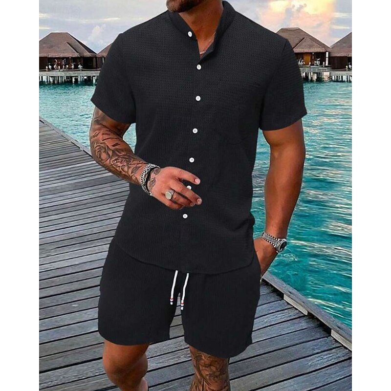 Men's Shirt Suits T-shirt Suits 2 Pieces Outfits Tee & Shorts Short Sleeve Standing Collar Summer Plain Fashion Casual 2 Piece Vacation Daily Wear Going out Black White Navy Blue Top Tee for Men2
