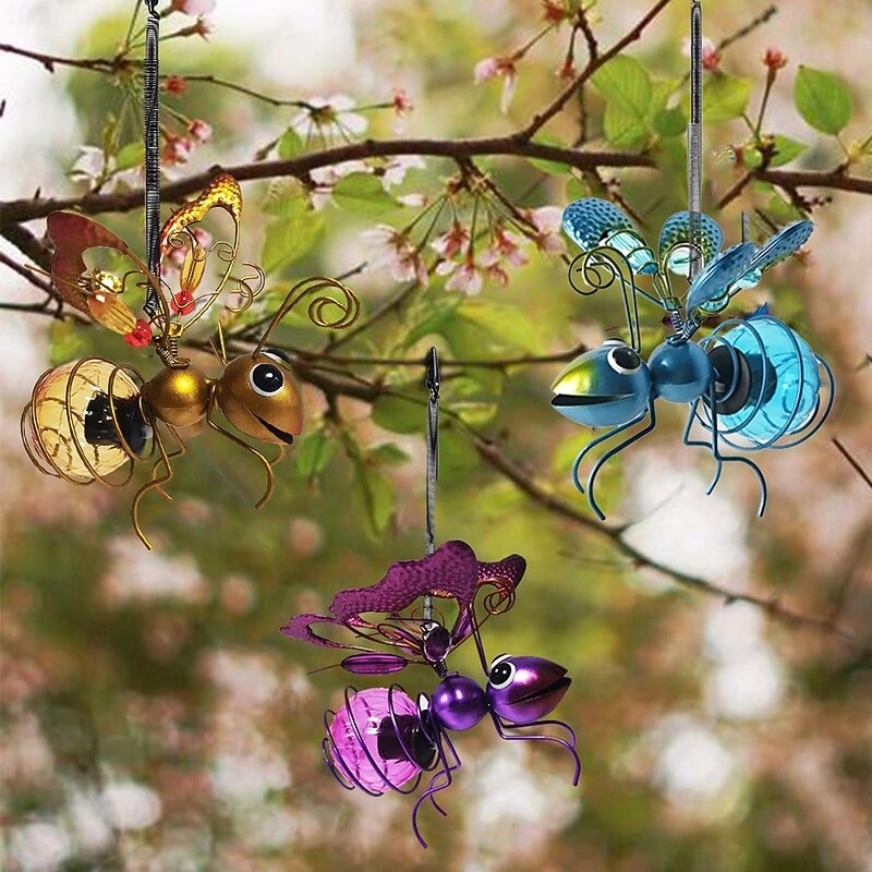 1 Pc Outdoor Solar Simulation Insect Hanging Decorative Light Golden Bee Purple Dragonfly Blue Butterfly Courtyard Garden Balcony Park Iron Art Luminous Landscape Light4