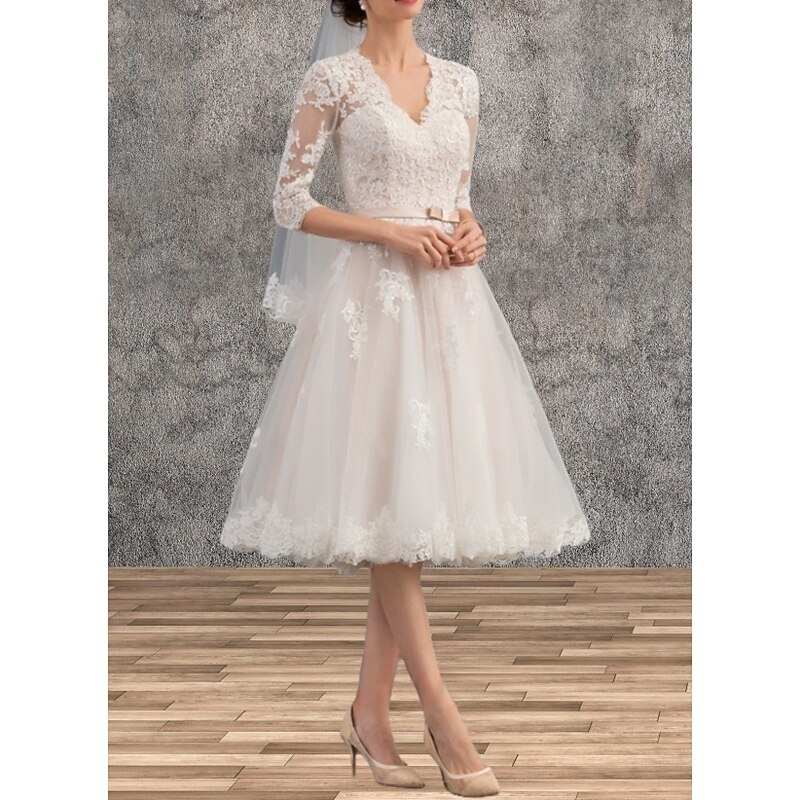 Engagement Little White Dresses Wedding Dresses A-Line V Neck 3/4 Length Sleeve Tea Length Satin Bridal Gowns With Sash / Ribbon Appliques3