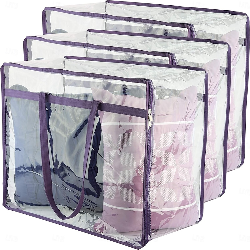 3 Pack Clear Vinyl Zippered Storage Bags 40L Sturdy Storage Bags for Sweaters, Blankets, Comforters, Bedding Sets