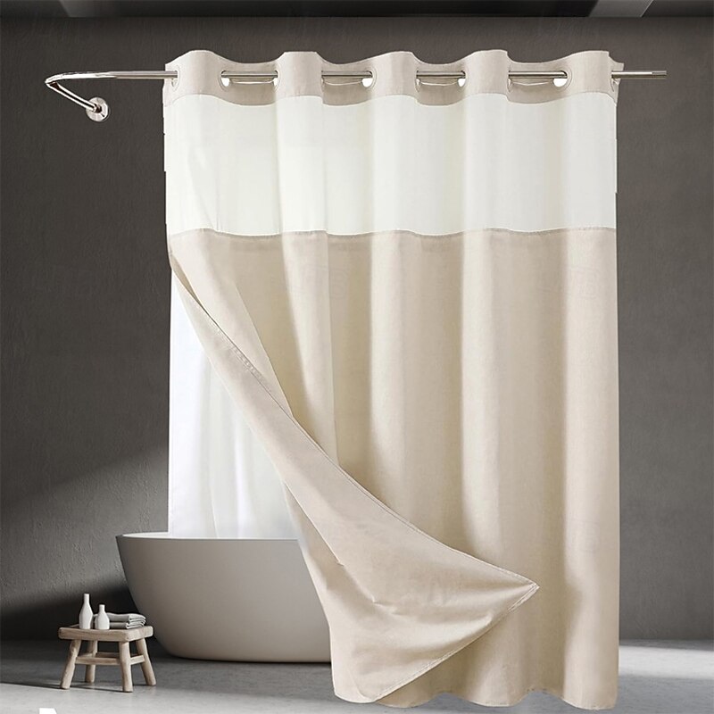 No Hooks Linen Looking Shower Curtain 180cm with Snap-in Fabric Liner Set, Hotel Luxury Decor Shower Curtains for Bathroom with See Through Top Window, Waterproof & Washable2