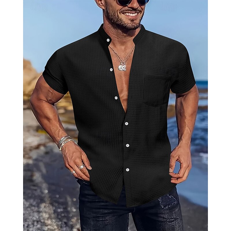 Men's Shirt Summer Shirt Casual Shirt Beach Shirt Button Up Shirt Black White Dark Navy Sky Blue khaki Short Sleeve Plain Grandad Collar Henley Vacation Hawaiian Clothing Apparel Polyester Fashion2