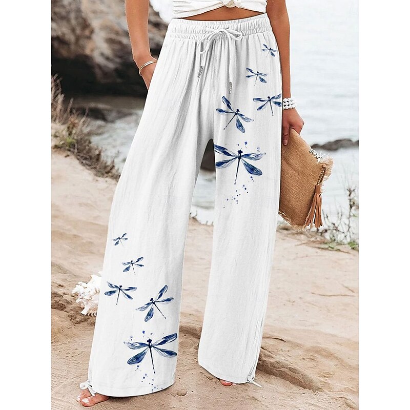 Women's Wide Leg Chinos Baggy Pants Vacation Fashion Basic Full Length High Waist Floral Graphic Printing Soft Breathable Micro-elastic Vacation Street Causal White Navy Blue Blue Summer Spring2