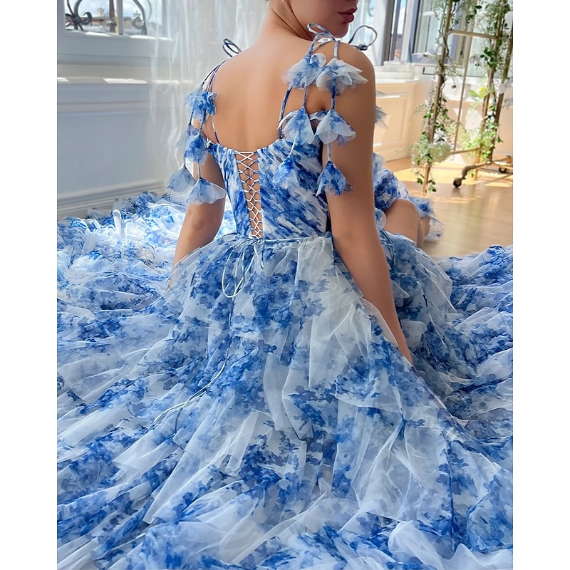 A-Line Prom Tiered Dresses Corsets Dress Semi Formal Wedding Floor Length Sleeveless Sweetheart Dress Organza Floral Print Ruched Details With High Slit Wedding Guest Dress4