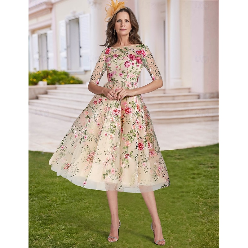 A-Line Dress Beach Wedding Mother of the Bride Dress Elegant Vintage V Neck Ankle Length Tea Length Tulle Half Sleeve with Embroidery Appliques Flower