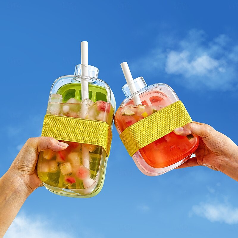 Ice Cube Bottle, 2 in 1 Touch-Free Ice Cube Tray Water Bottle with Lid and Bin, Ice Cube Making Bottle, Easy Press to Release Vertical Ice Cube Tray with straw tie