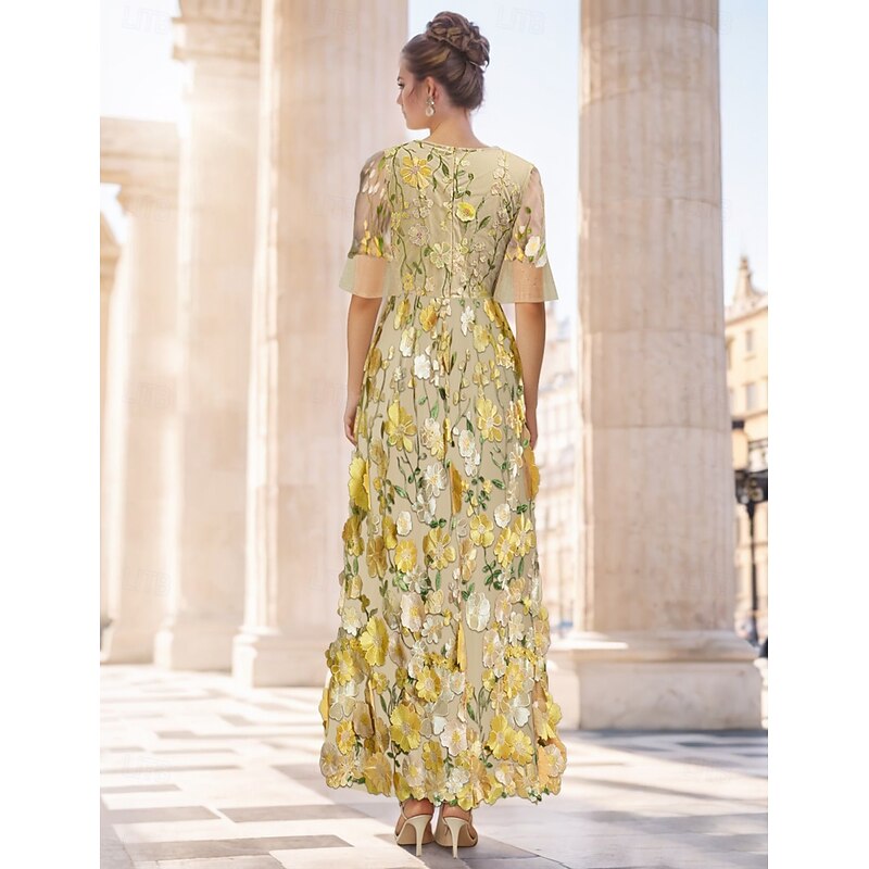 A-Line Cocktail Dresses Gown Formal Wedding Guest Floral Elegant Ankle Length Short Sleeve Illusion Neck Tulle with Embroidery Appliques4