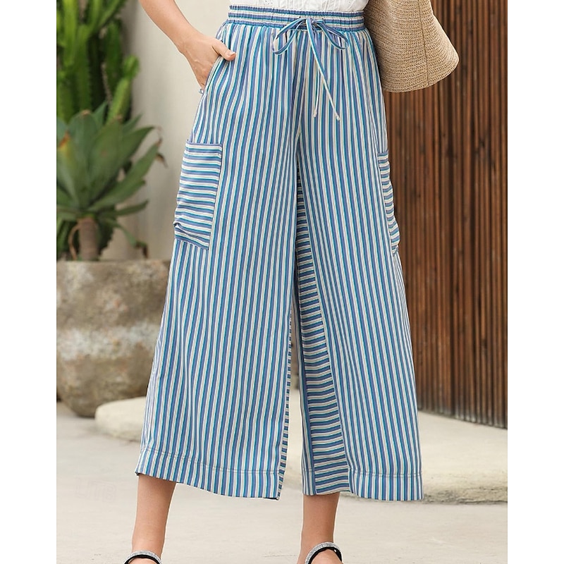 Women's Slacks Pants Trousers Streetwear Casual Full Length Natural Striped Pocket Elastic Drawstring Design Comfy Outdoor Comfortable Street Going out Orange red Light Sky Blue Dark navy Orange3