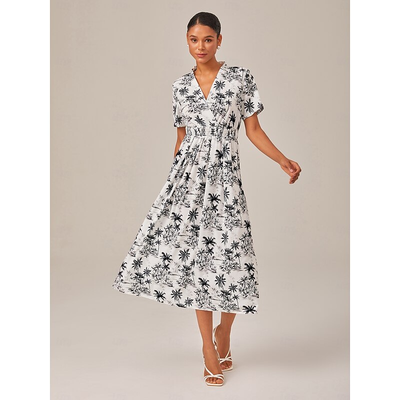 Black & White Beach Print Vacation-Style Midi Dress4