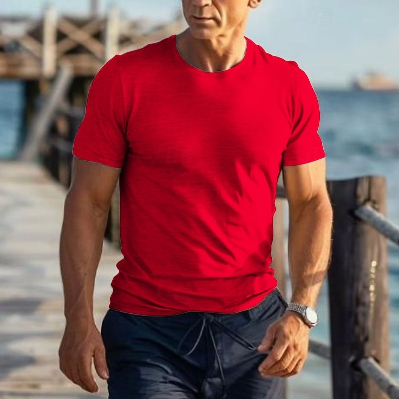 Men's T Shirt Short Sleeve Crew Neck Summer Plain Basic Classic Vacation Casual Daily Black White Red Top Tee for Men2
