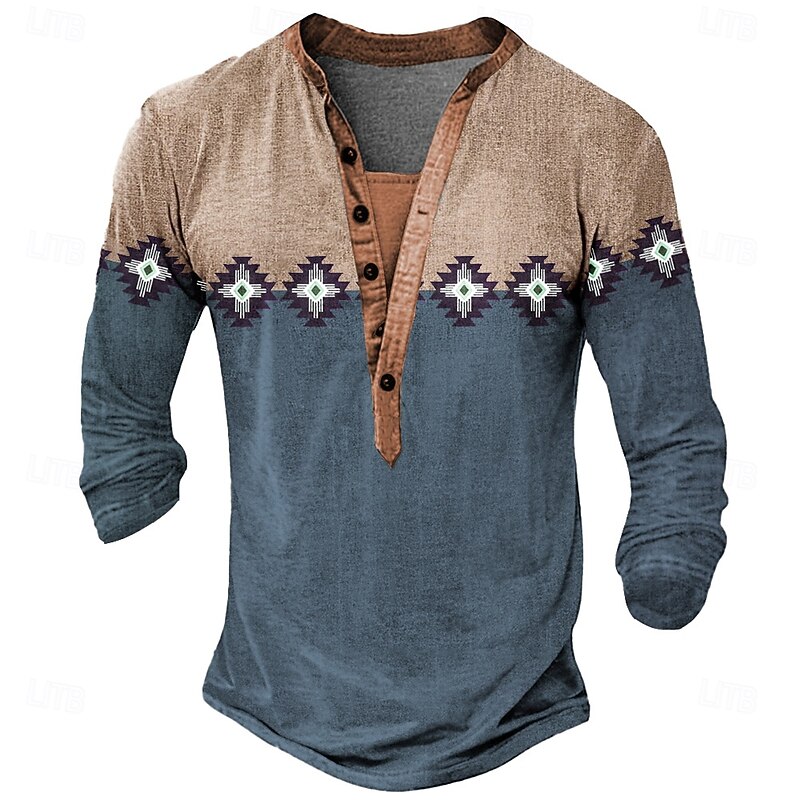 Men's Tribal T Shirt Henley Shirt Long Sleeve Designer Retro Vintage Casual Street Casual Daily Summer Spring Fall Dark Brown Green Blue Henley Henley T-Shirt2