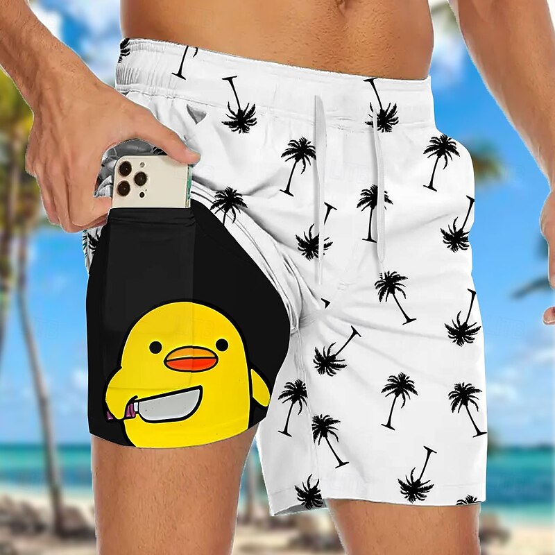 Men's Coconut Tree Funny Duck Lined Shorts 2 in 1 Board Shorts Swim Shorts Mid Waist Hawaiian Vacation Beach Wear Side Pockets With Compression Liner Elastic Drawstring Waist Designer Clothing Apparel3