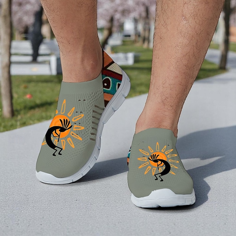 Men's Breathable Tribal Print Slip-On Walking Sneakers – Lightweight Flyknit Mesh Shoes for Casual Outdoor Activities