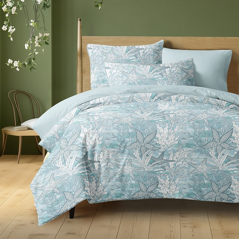 Sea Duvet Cover Set 100% Cotton Soft and Breathable Bedding Featuring Sea Star Sea Weeds Lightweight and Durable Quilt Cover Comfortable for All Seasons Easy to Care