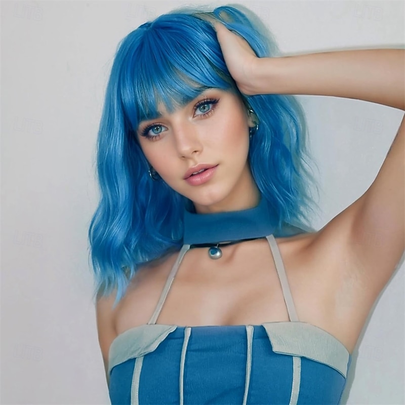 Short Bob Wigs Lake blue Wavy Wig With Air Bangs Women's Shoulder Length Wigs Curly Wavy Synthetic Cosplay Wig Pastel Bob Wig for Girl Colorful Wigs2