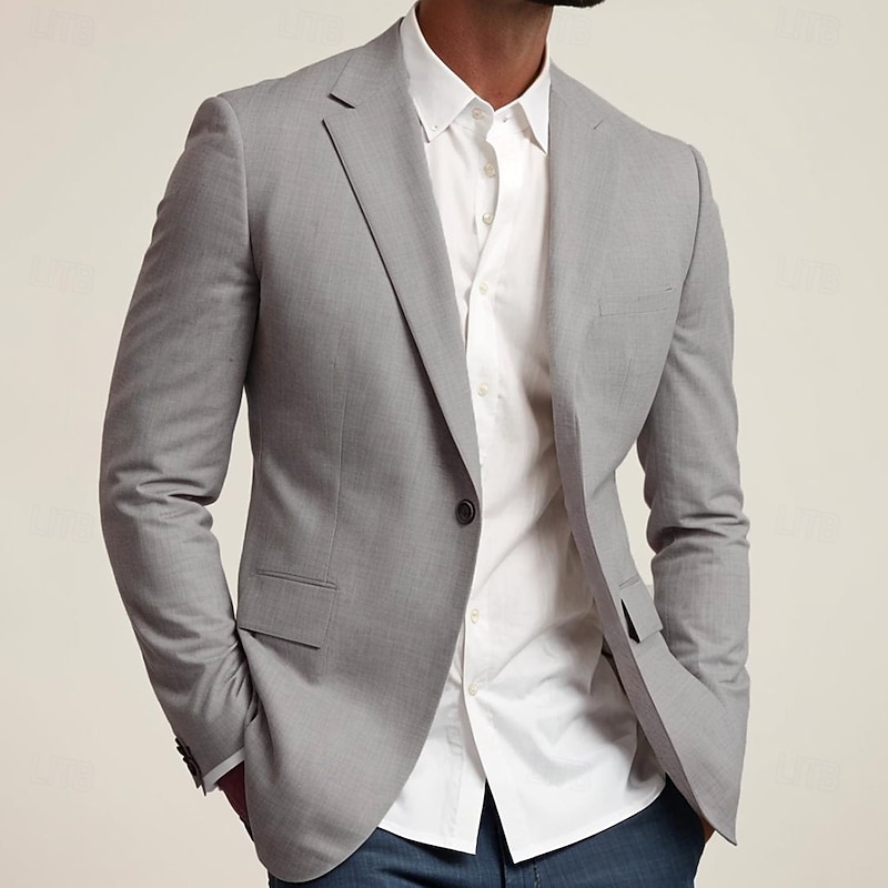 Men's Blazer Jacket Sport Coat Notch Collar Fashion Solid Colored Blazer Navy Blue Light Grey Standard Fit Single Breasted One-button