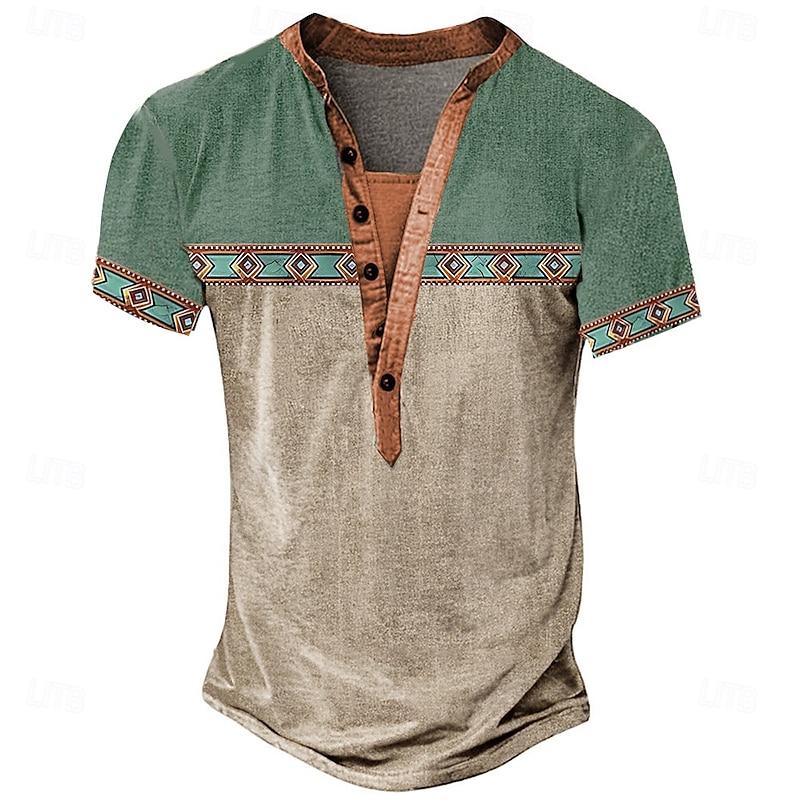 Men's Tribal T Shirt Henley Shirt Tee Short Sleeve Designer Basic Bohemian Outdoor Casual Daily Summer Lake Blue Light Green Light Blue Khaki Henley Henley T-Shirt