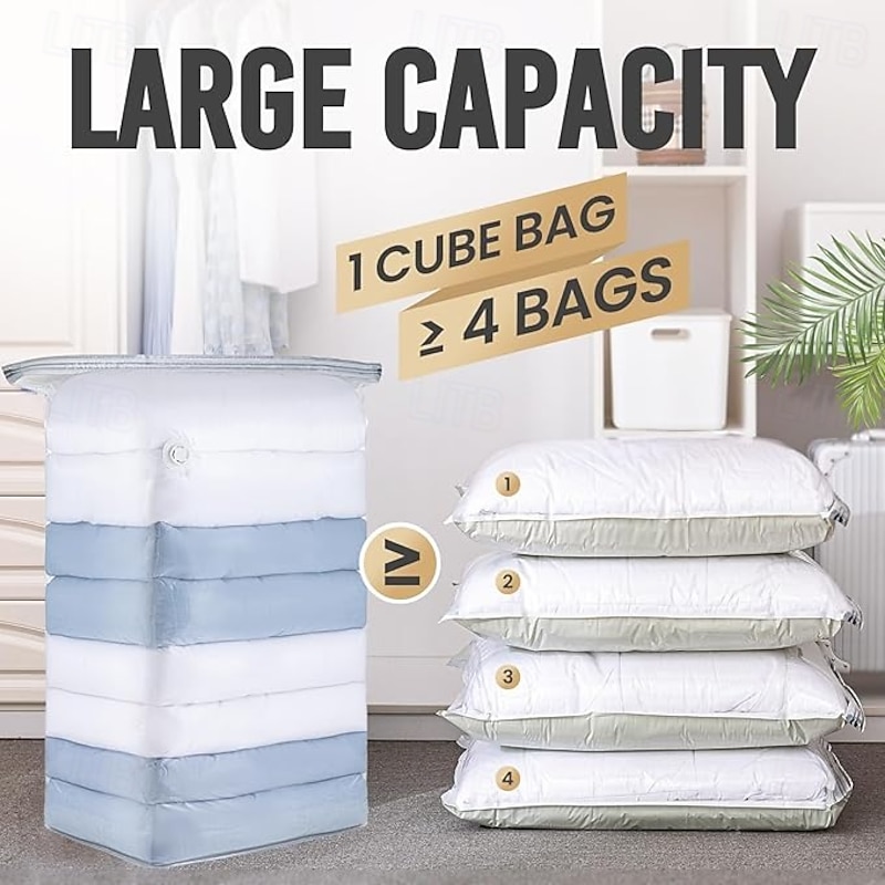 4 Pack Vacuum Storage Bags, Jumbo Cube Large Vacuum Seal Bags for Bedding, Comforters, Blankets, Clothing, Closet Space Saving, Clear4