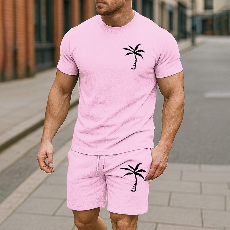 Men's T-shirt Suits 2 Pieces Outfits Tee & Shorts Short Sleeve Crew Neck Summer Coconut Tree Plain Fashion Casual 2 Piece Vacation Daily Wear Going out Black White Yellow Top Tee for Men3