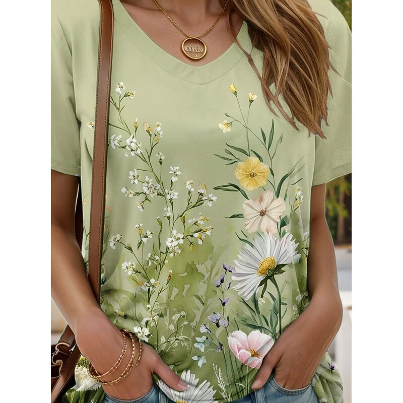 Women's T Shirt Floral Graphic Plants Vintage Stylish Classic Short Sleeve V Neck Regular Tops Daily Going out Weekend Print Green Summer Spring3