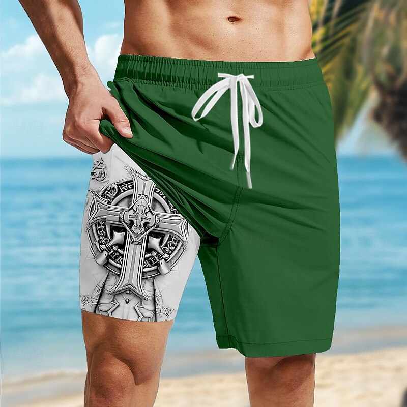 Men's Gothic Horror Dark Celtic Cross Lined Shorts 2 in 1 Board Shorts Swim Shorts Mid Waist Hawaiian Retro Vintage Holiday Streetwear Side Pockets With Compression Liner Elastic Drawstring Waist3