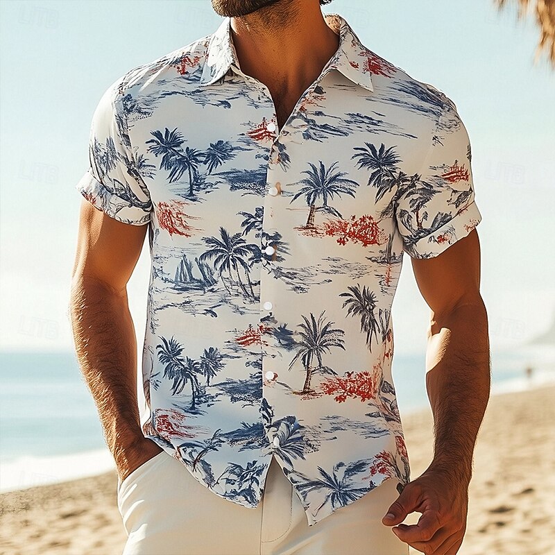 Men's Floral Print Toile de Jouy Shirt Summer Hawaiian Shirt Button Up Shirt Short Sleeve Hawaiian Resort Vacation Holiday Beach Wear Summer Spring Turndown 3D Print Collared Shirts White