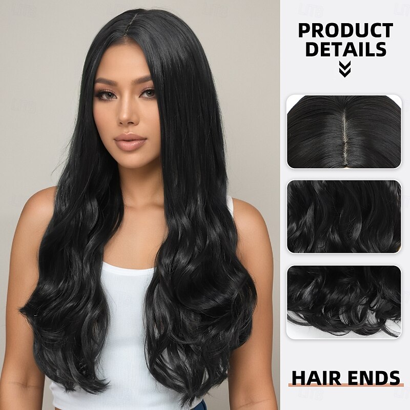 Synthetic Wig Wavy Loose Curl Layered Haircut Deep Parting Machine Made Wig 24 inch A1 Synthetic Hair Women's Classic Comfortable Highlighted / Balayage Hair Black2