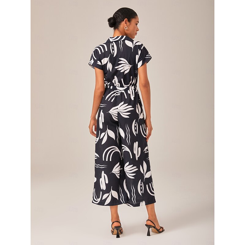 Vacation Black and White Printed Linen-Like Jumpsuit4