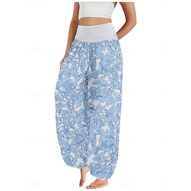 Women's Linen-Inspired Pants Wide Leg Pants Trousers Ethnic Style Casual Boho Full Length High Waist Floral Pocket Elastic Waist Printing Breathability Soft Micro-elastic Outdoor Yoga Pink Royal Blue4
