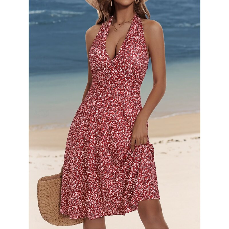 Women's Mini Dress A Line Dress Halter Dress Vacation Casual Boho Outdoor Going out Beach Regular Fit Floral Sleeveless Halter Neck Yellow Red Blue Green Summer