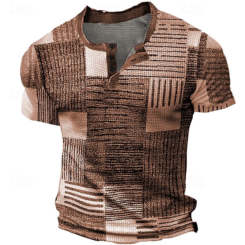 Men's Graphic Plaid Waffle Henley Shirt Tee Short Sleeve 3D Print Fashion Designer Basic Outdoor Casual Daily Summer Blue Green Khaki Dark Gray Henley Henley T-Shirt2