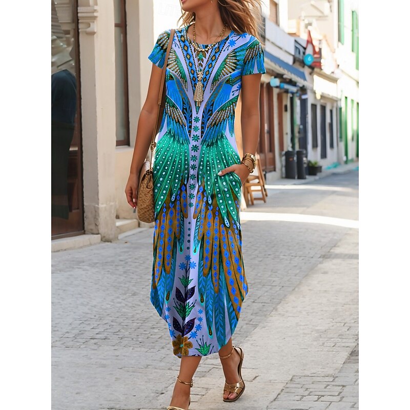 Women's Midi Dress T Shirt Dress Tee Dress Summer Dress Casual Boho Beach Daily Regular Fit Floral Graphic Tribal Short Sleeve Crew Neck Dark Yellow Red Blue Purple Summer3